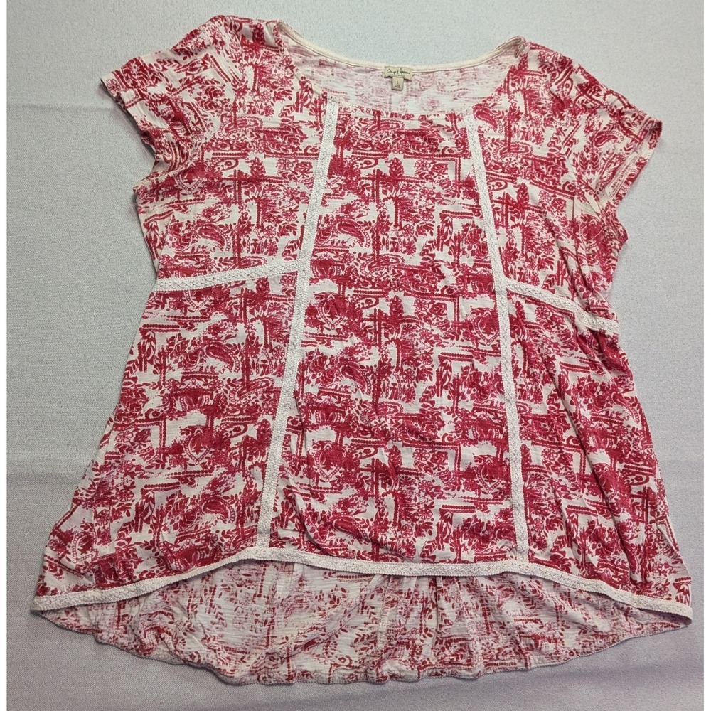 Chip & Pepper Blouse Women Large Red Excellent Boho Lace Trim Paisley Top